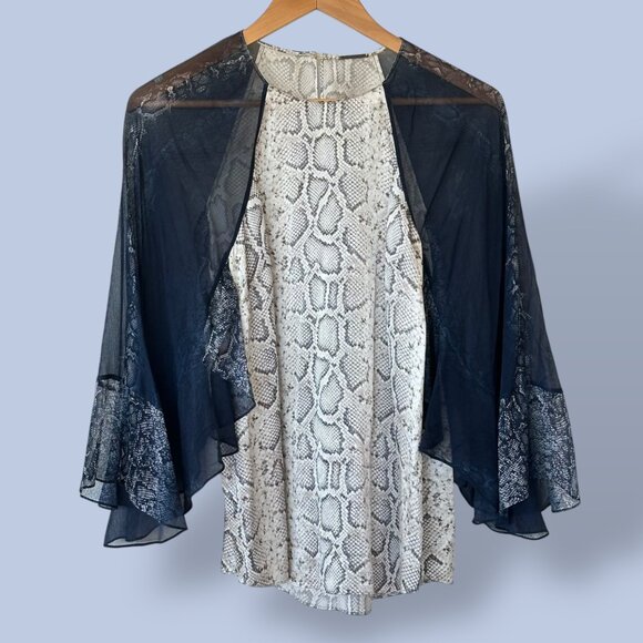 Elie Tahari Batwing Reptile Print Blouse Navy Sheer Flowy‎ Wimsigoth Size Medium - Picture 1 of 7